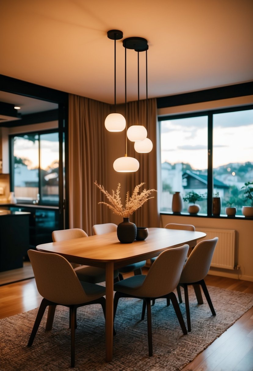 A cozy dining room with warm, ambient lighting and minimalist Japandi decor