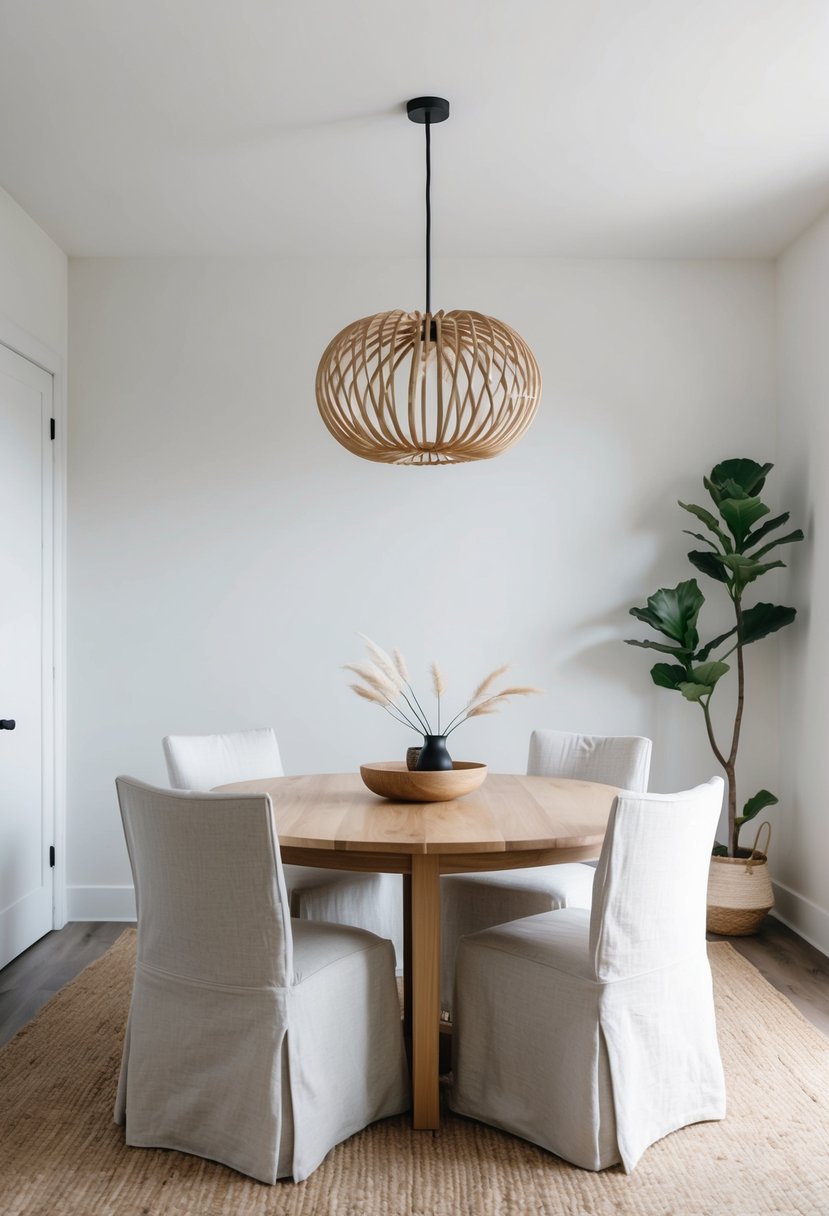 A minimalist dining room with light-colored linen slipcovers on chairs, natural wood table, and simple Japandi decor