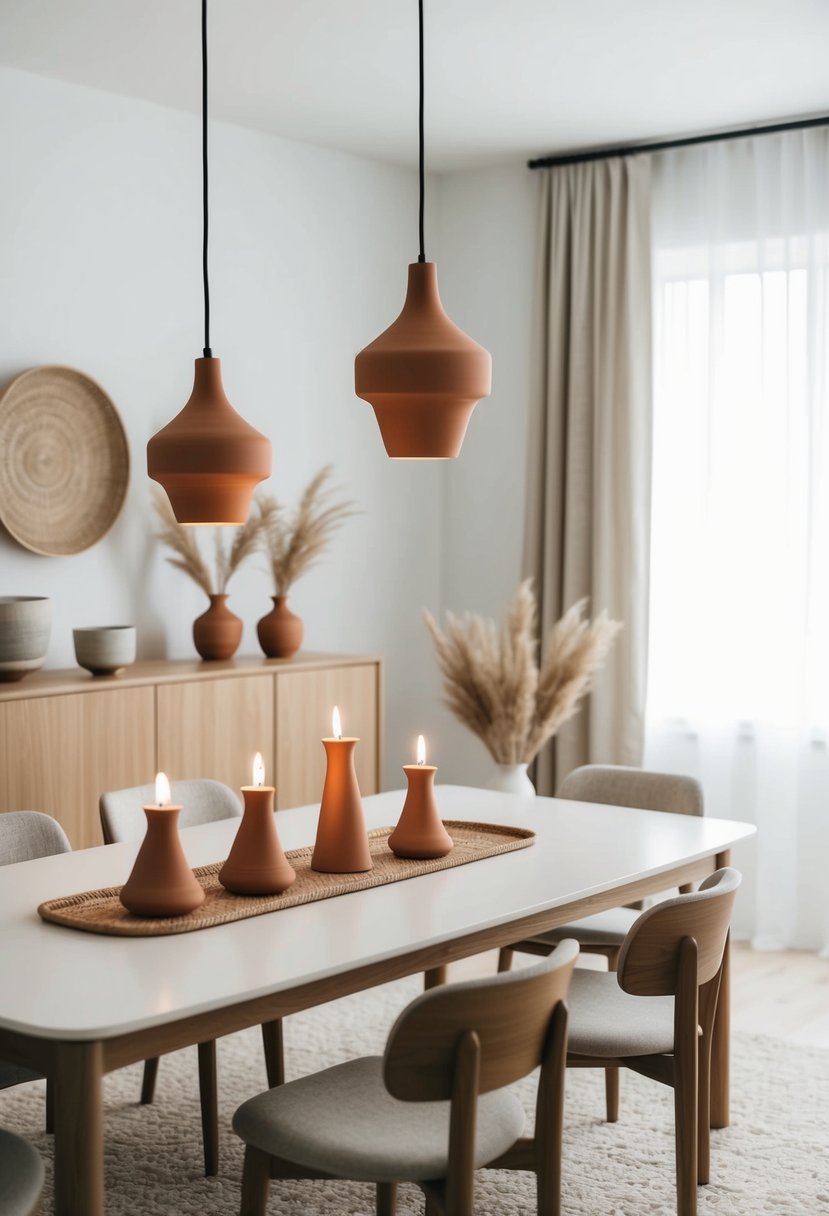 A serene dining room with minimalist decor, featuring clay tea light holders and Japandi-inspired furniture