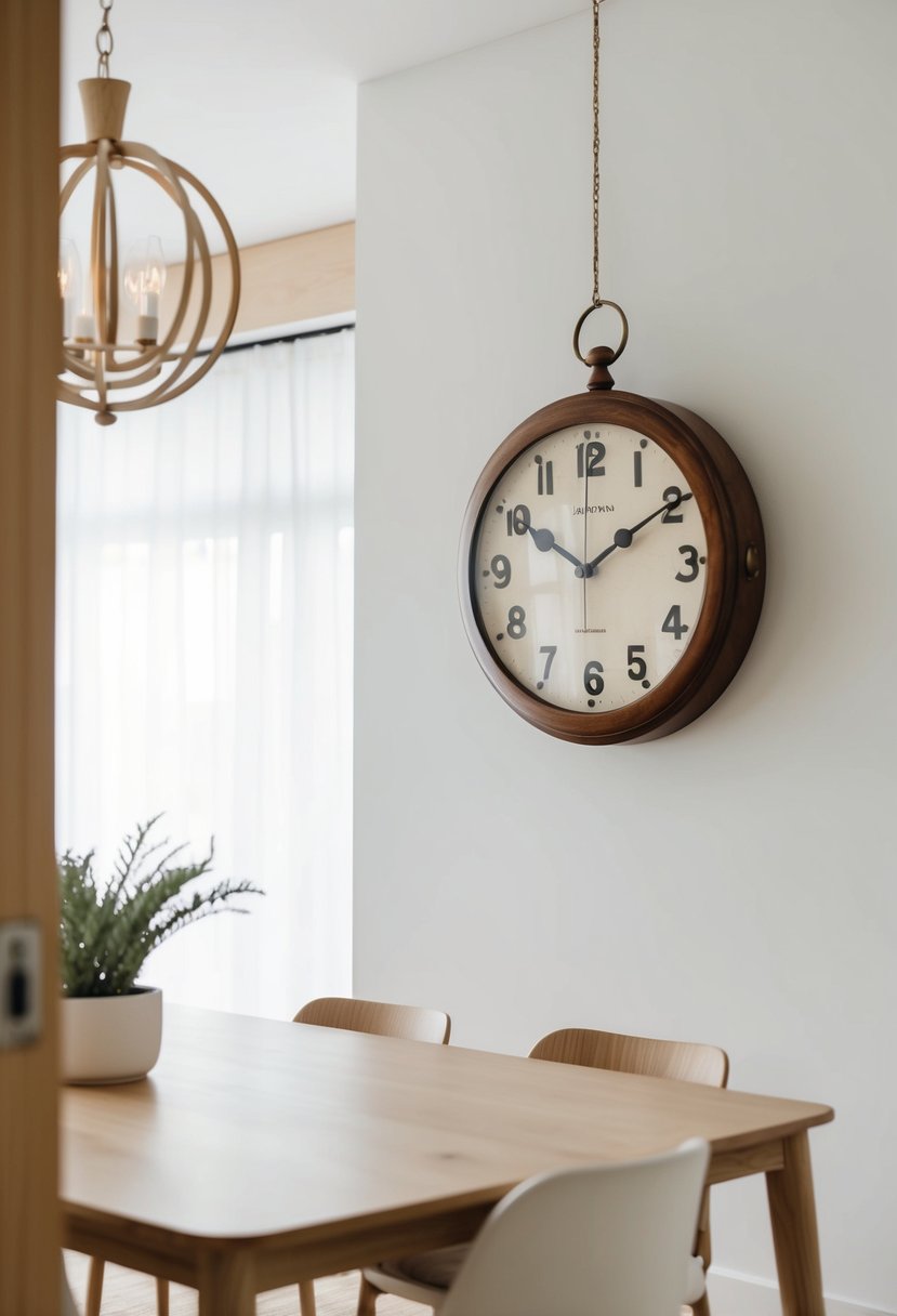 A vintage wooden clock hangs on a clean, minimalist wall in a Japandi dining room