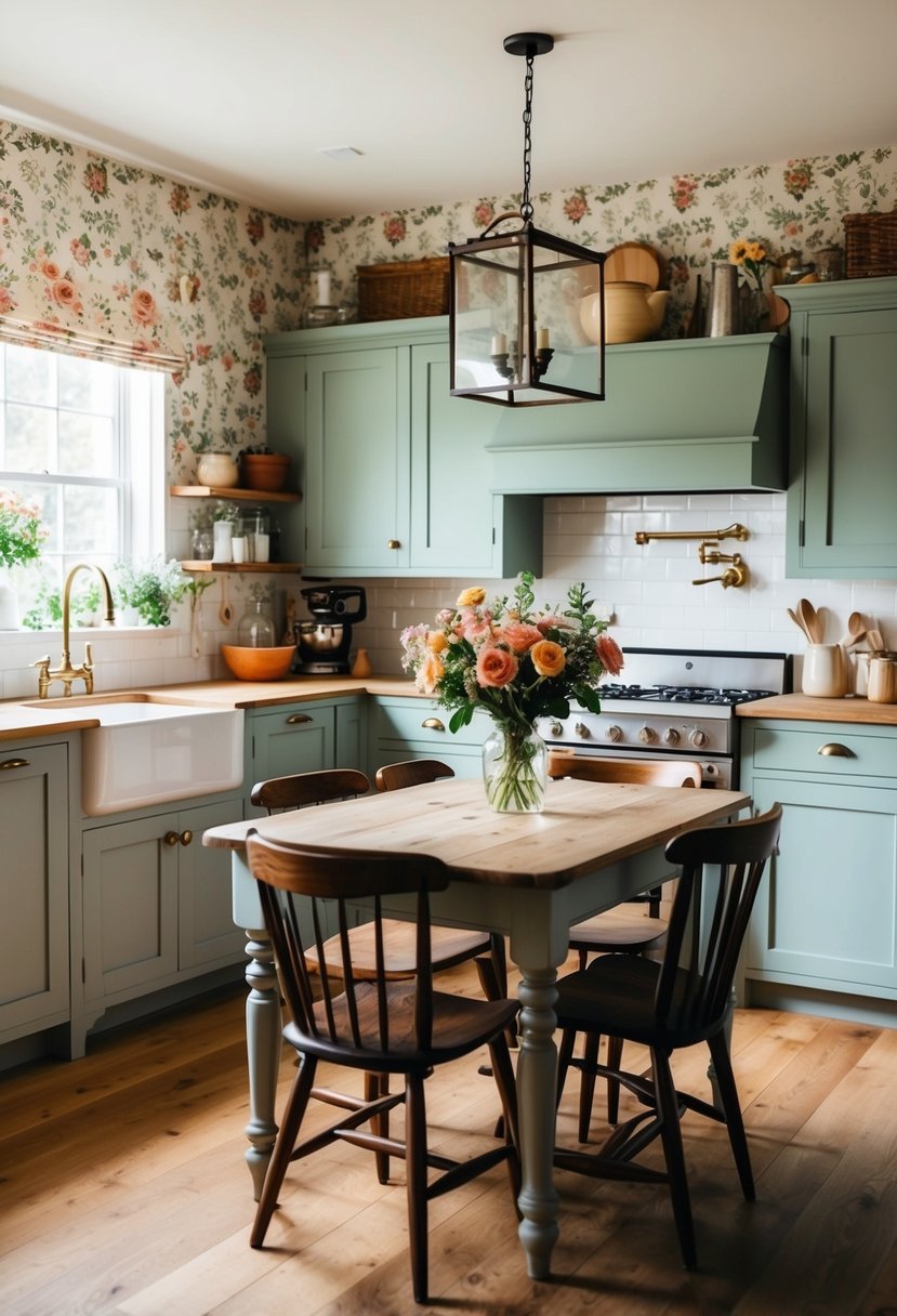 A cozy farmhouse kitchen with floral wallpaper, vintage furniture, and fresh flowers on the table