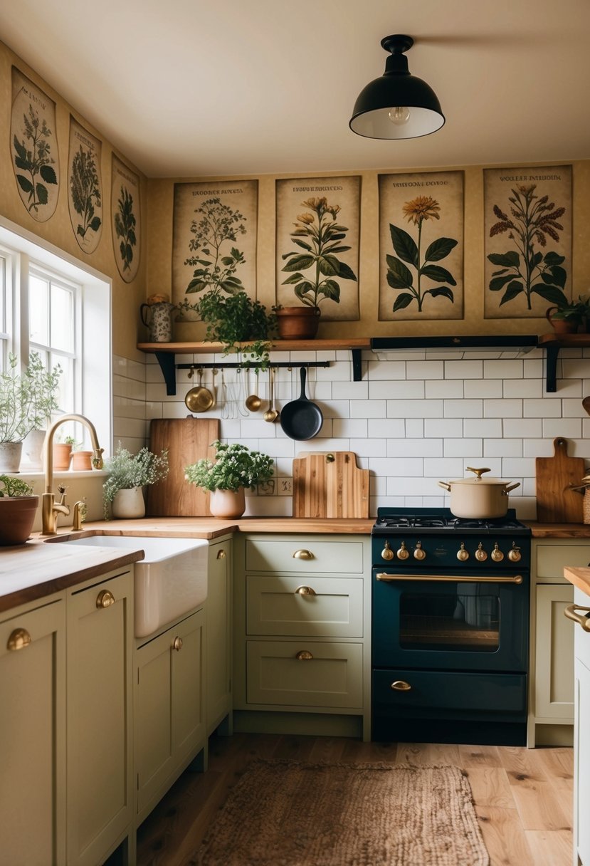 A cozy farmhouse kitchen with vintage botanical illustrations covering the walls, creating a warm and inviting atmosphere