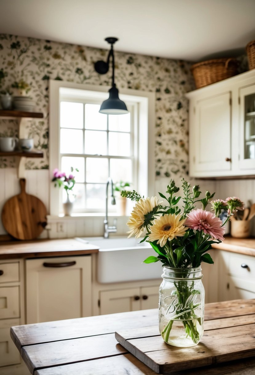 A cozy farmhouse kitchen with vintage wallpaper, rustic wooden table, and fresh flowers in a mason jar