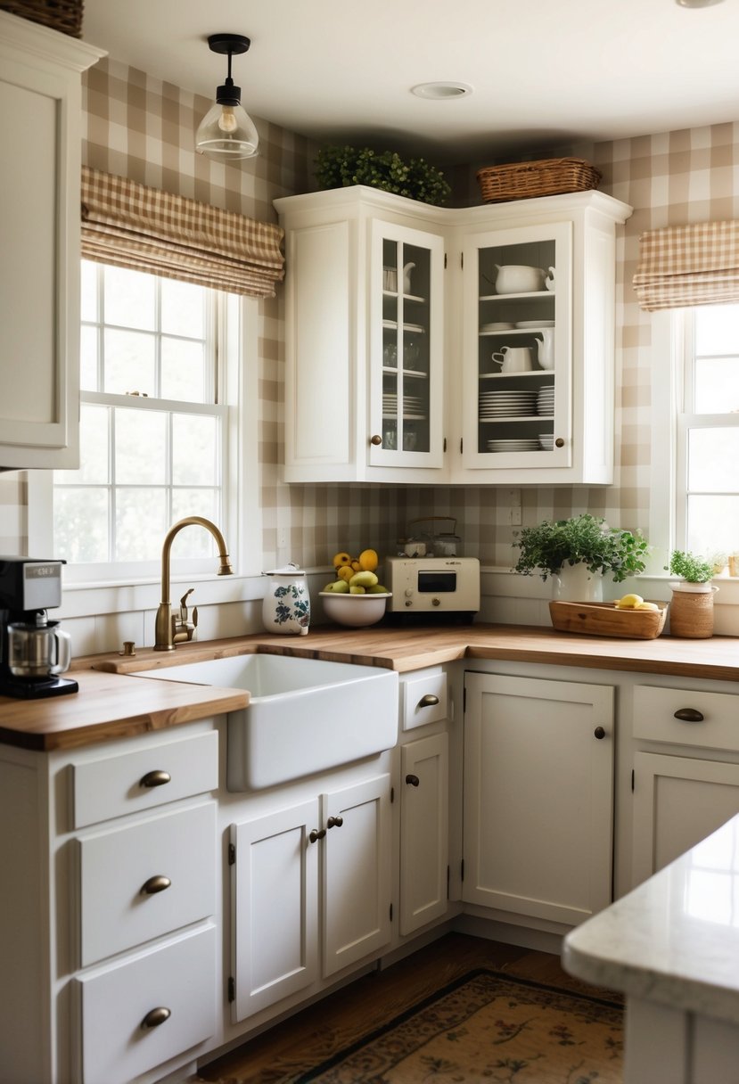 A cozy farmhouse kitchen with white cabinets, a checkered gingham wallpaper, and vintage decor