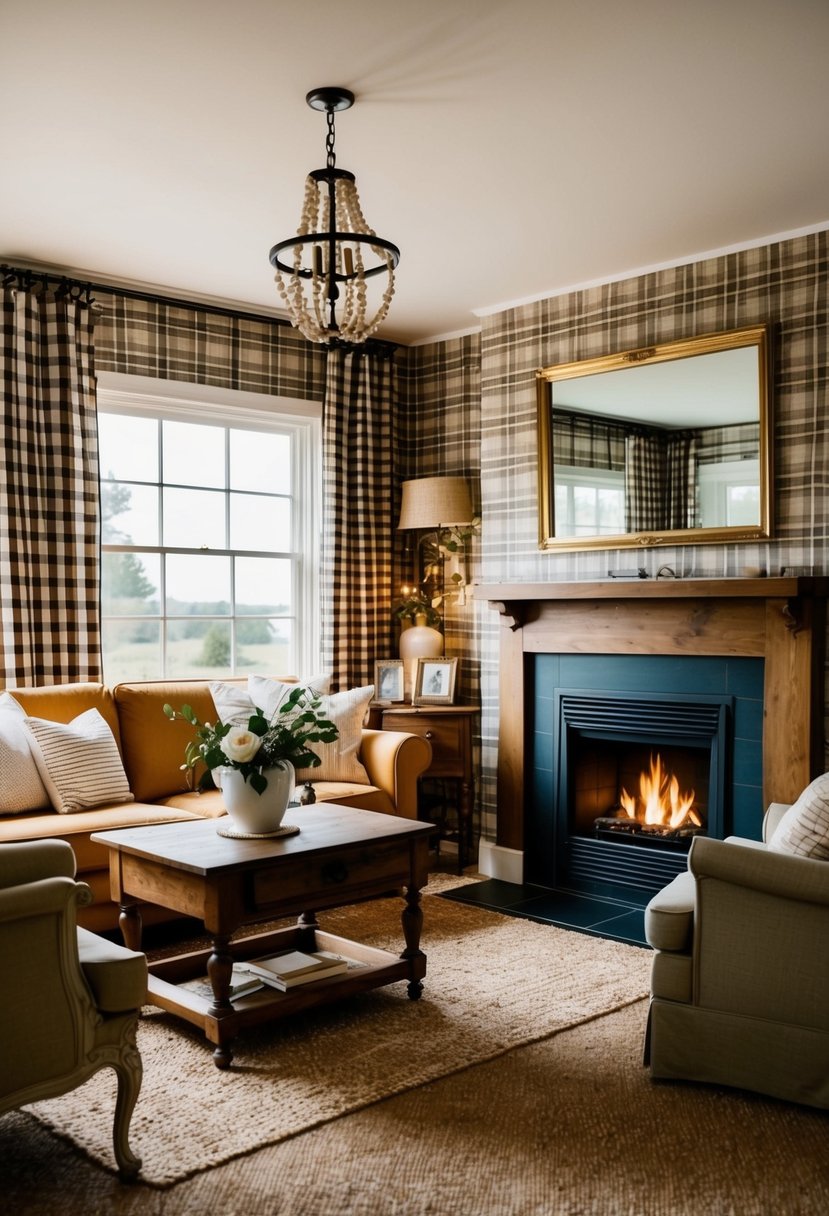 A cozy farmhouse living room with plaid wallpaper, a crackling fireplace, and vintage furniture