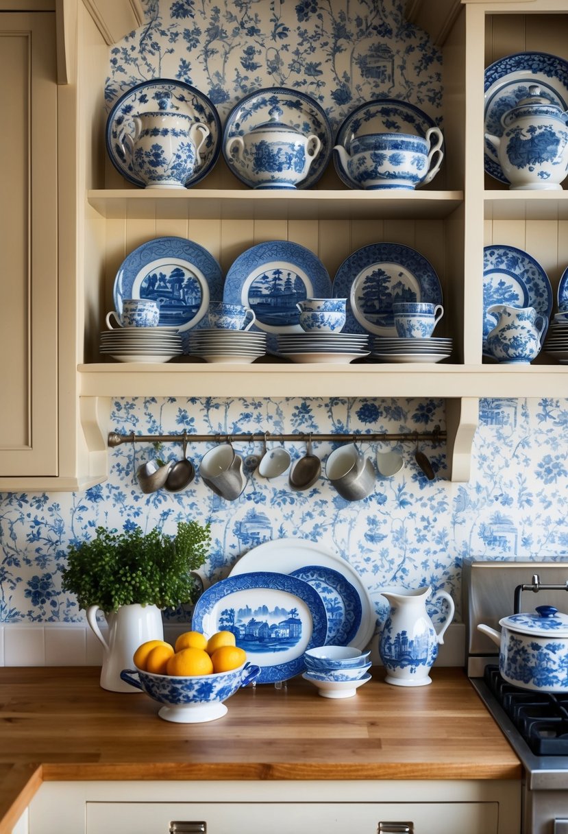 A cozy farmhouse kitchen with blue and white China dishes displayed on open shelves, set against a backdrop of charming wallpaper with a traditional pattern
