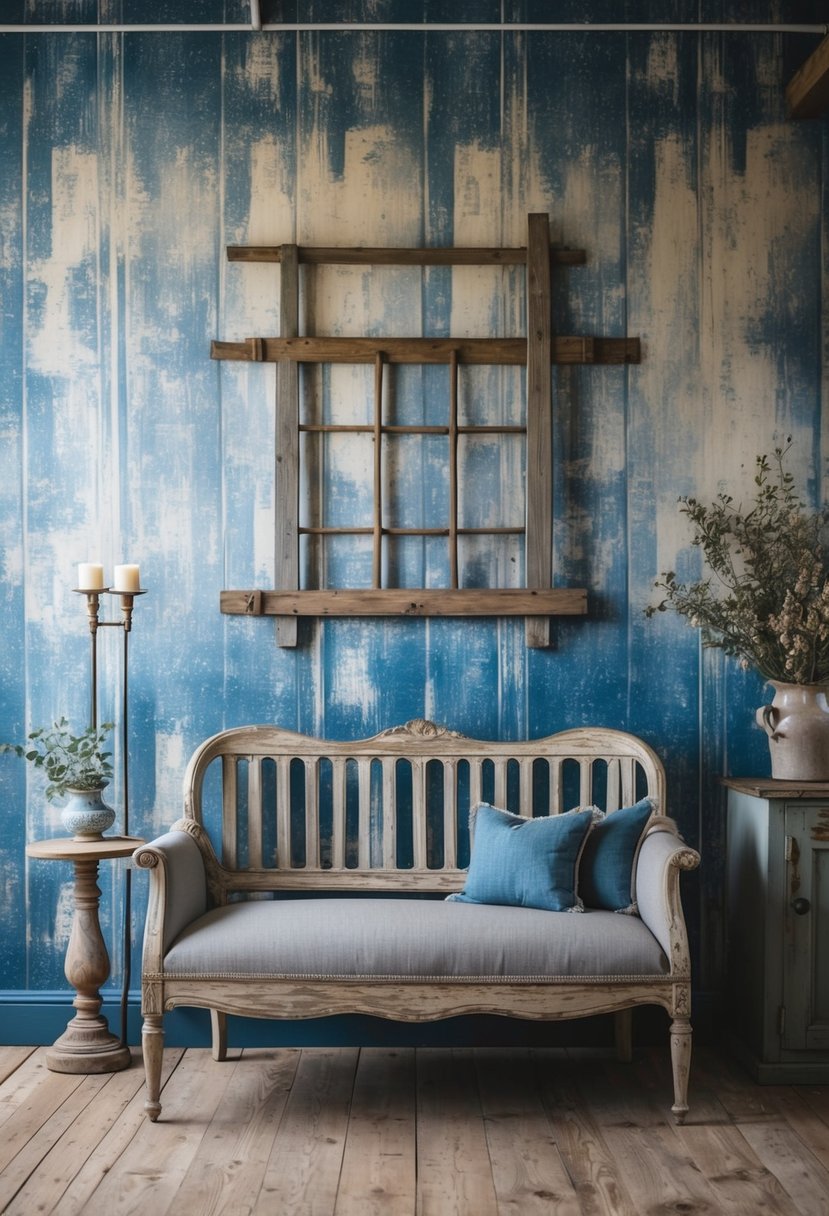 A rustic farmhouse interior with faded denim wallpaper, featuring weathered wood furniture and vintage decor