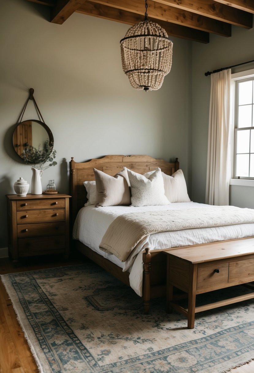 A cozy farmhouse bedroom with a vintage distressed rug, wooden furniture, and soft, muted colors