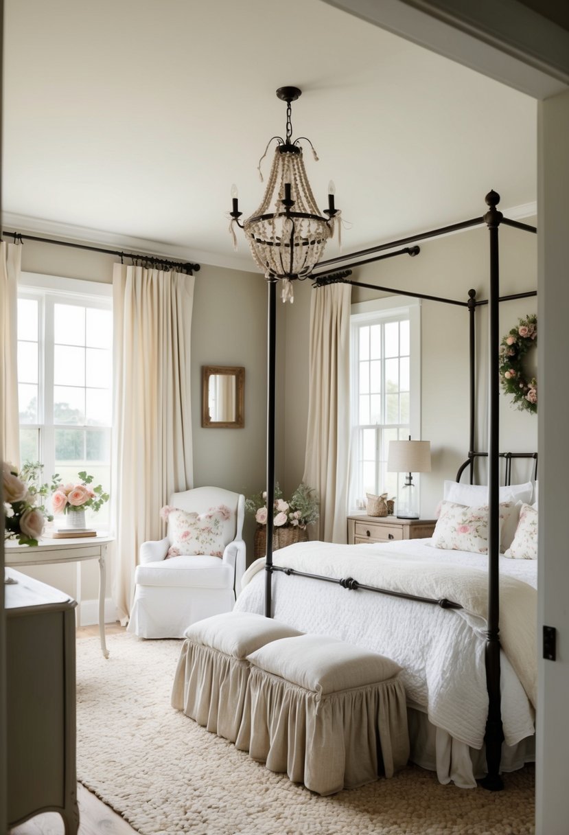 A cozy farmhouse guest bedroom with shabby chic curtains, vintage furniture, and floral accents