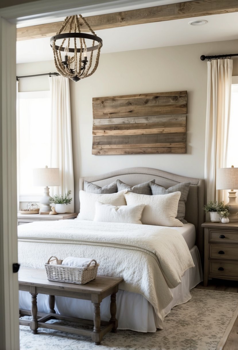 A cozy farmhouse guest bedroom with a reclaimed wood wall art piece as the focal point, surrounded by rustic decor and soft, neutral colors