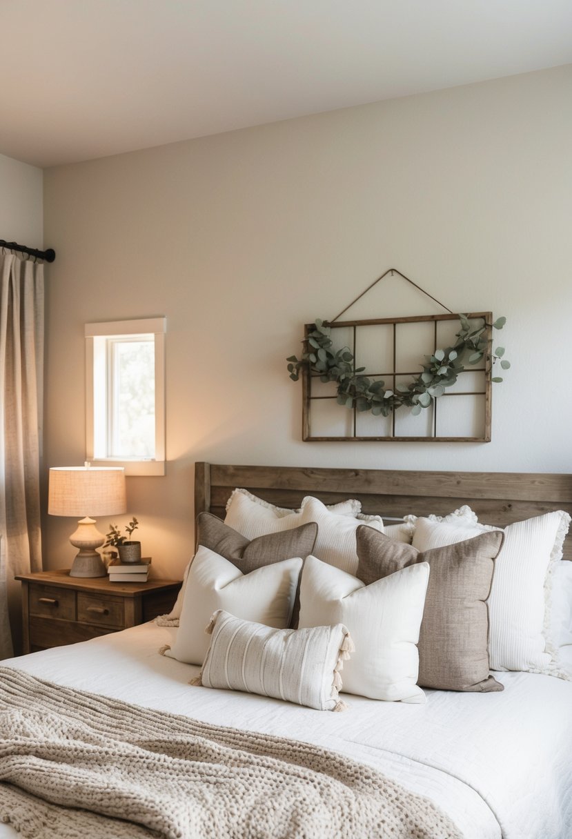 A cozy farmhouse bedroom with neutral throw pillows on a bed, rustic decor, and soft lighting