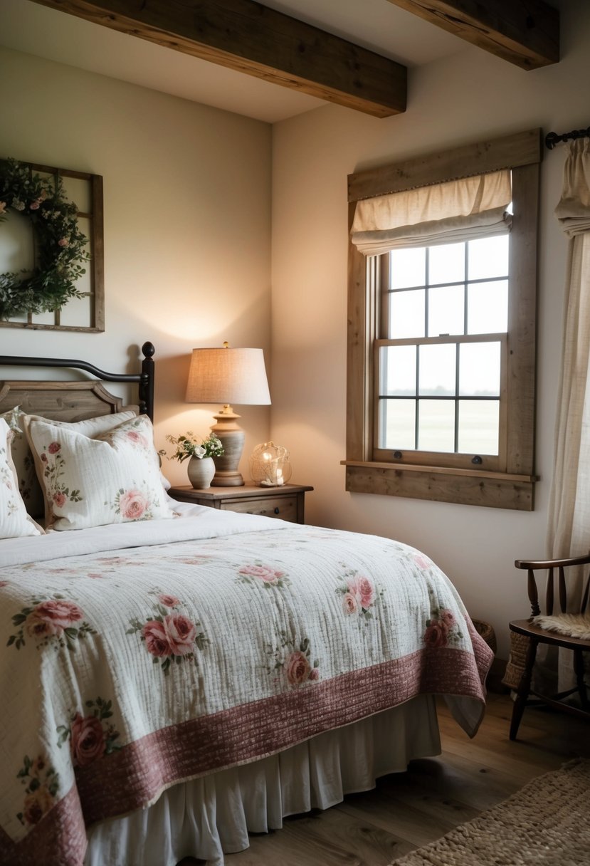 A cozy farmhouse guest bedroom with rustic lamps, floral bedding, and vintage decor