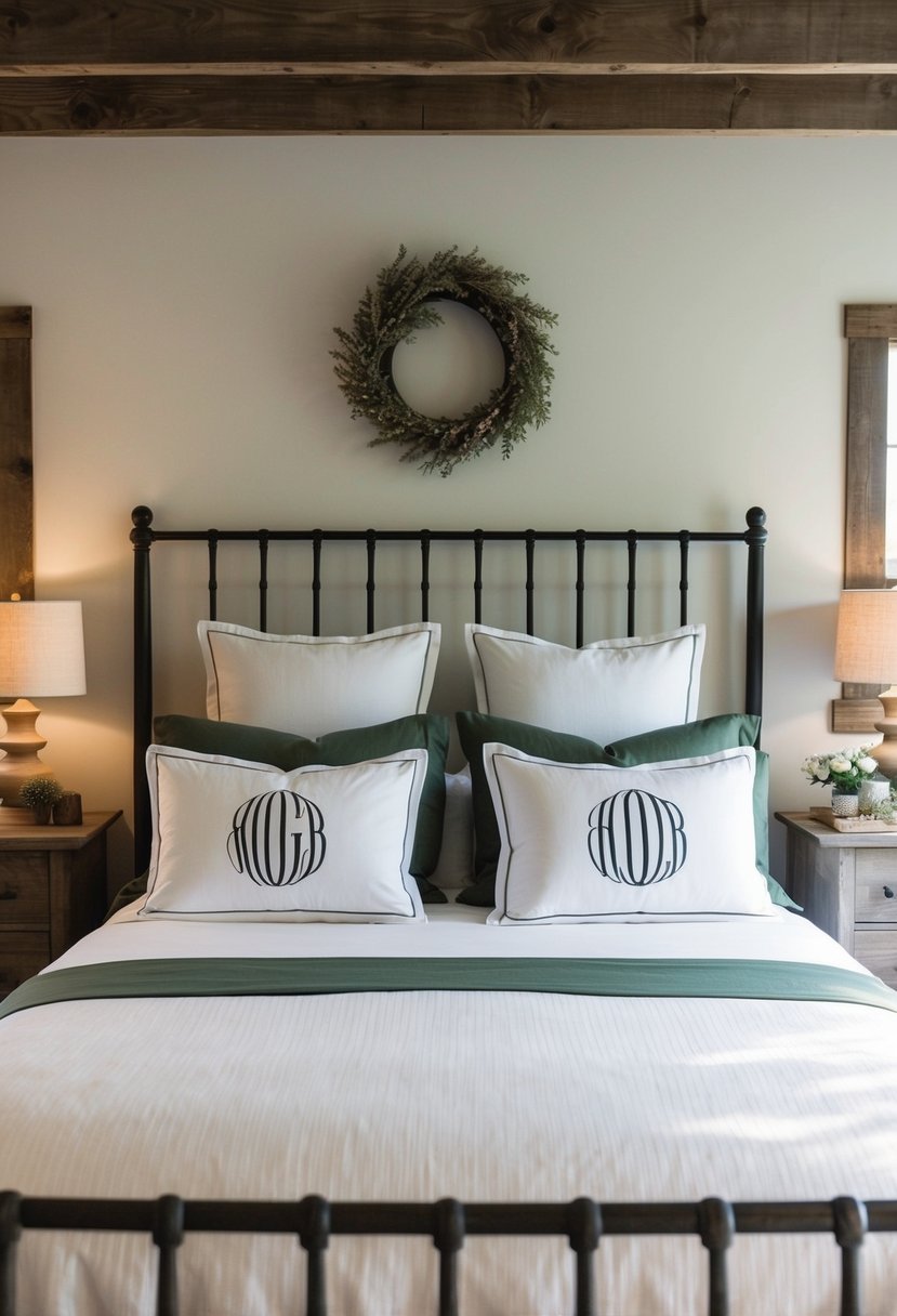 A cozy farmhouse guest bedroom with monogrammed pillowcases on a neatly made bed, surrounded by rustic decor and soft lighting