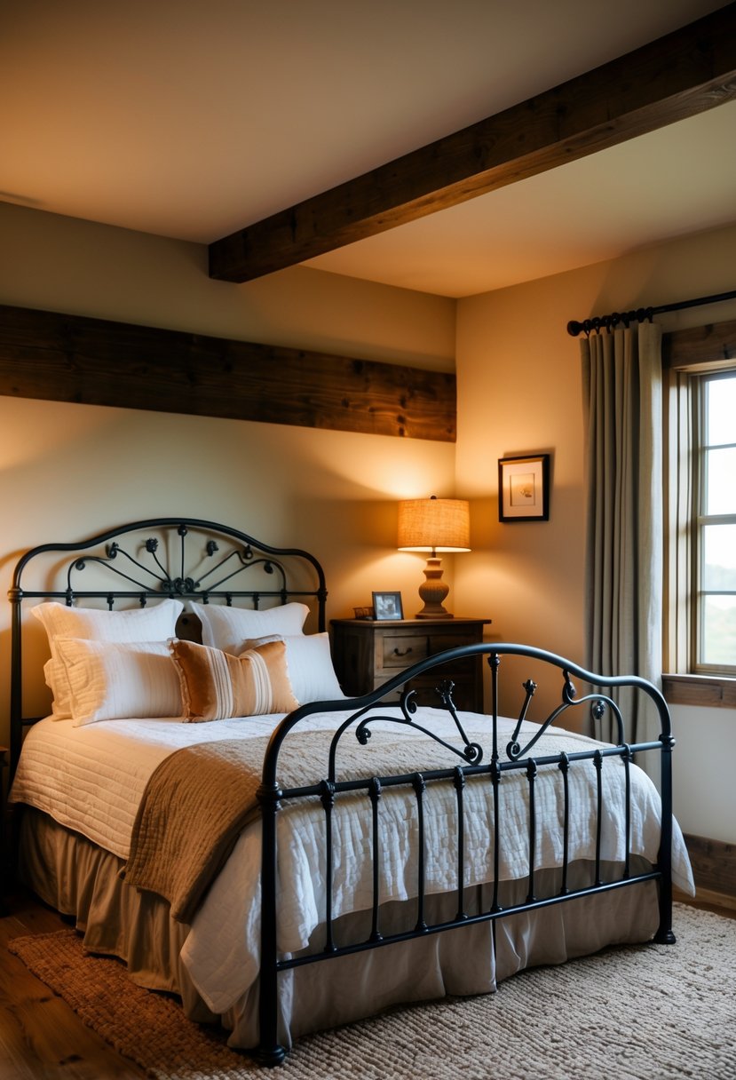 A cozy farmhouse guest bedroom with a wrought iron bed frame, warm lighting, and rustic decor