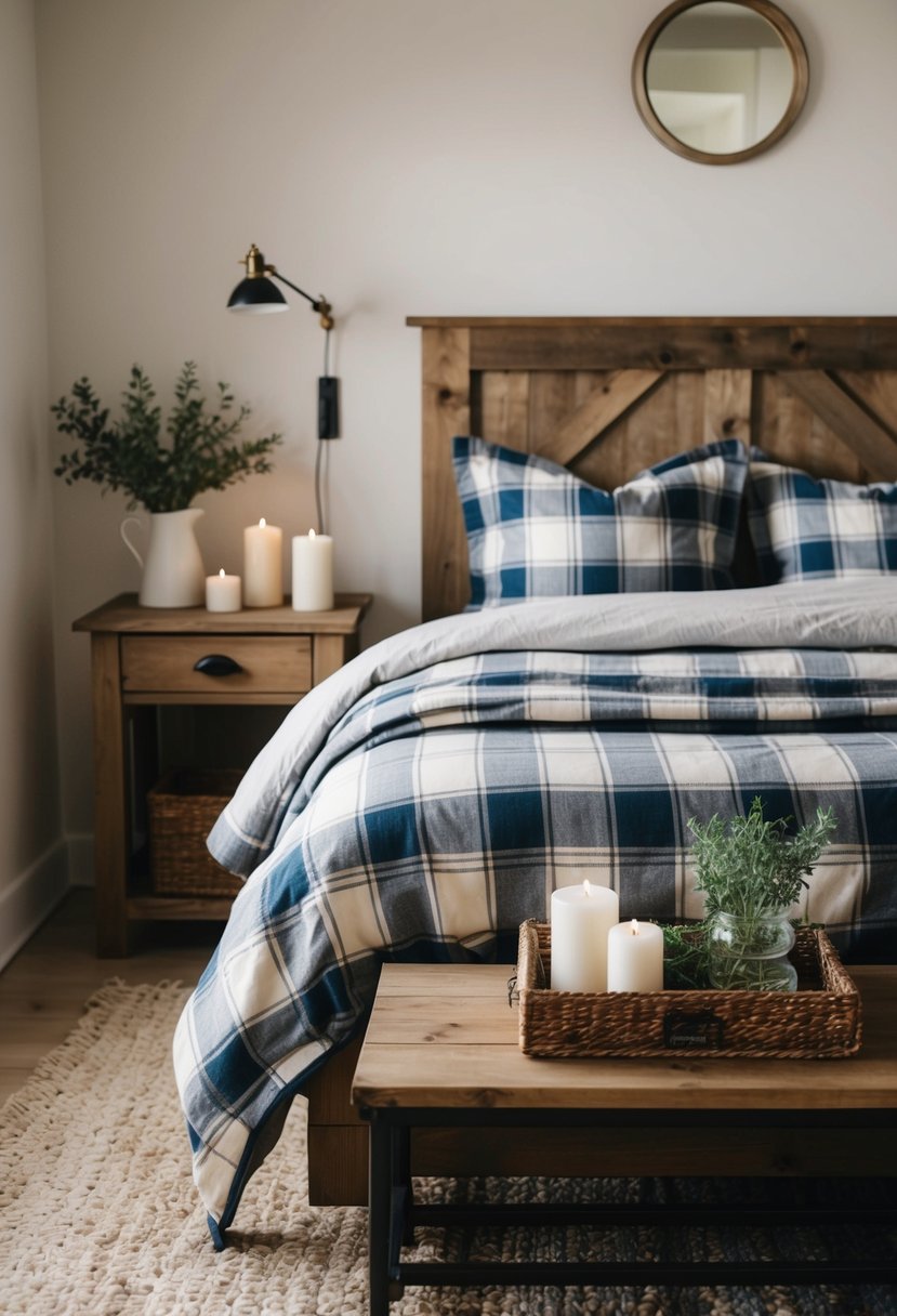 A cozy farmhouse guest bedroom with a rustic wooden bed, plaid bedding, and a nightstand adorned with herb-scented candles