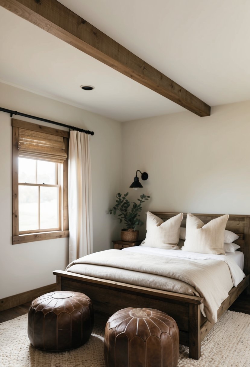 A cozy farmhouse guest bedroom with two distressed leather ottomans, a rustic wooden bed frame, and soft, neutral-colored bedding