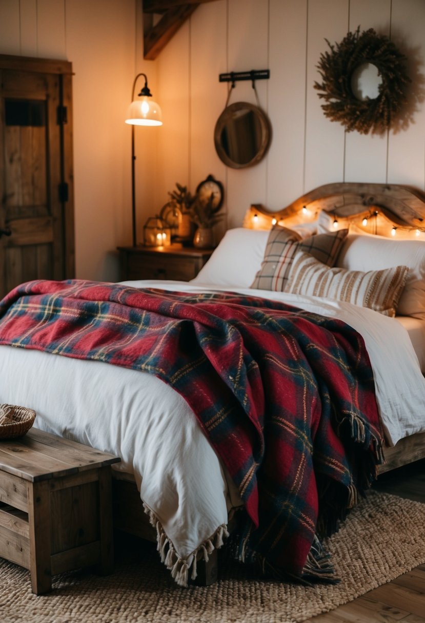 A cozy farmhouse guest bedroom with plaid wool blankets draped over a rustic bed, surrounded by warm lighting and vintage decor
