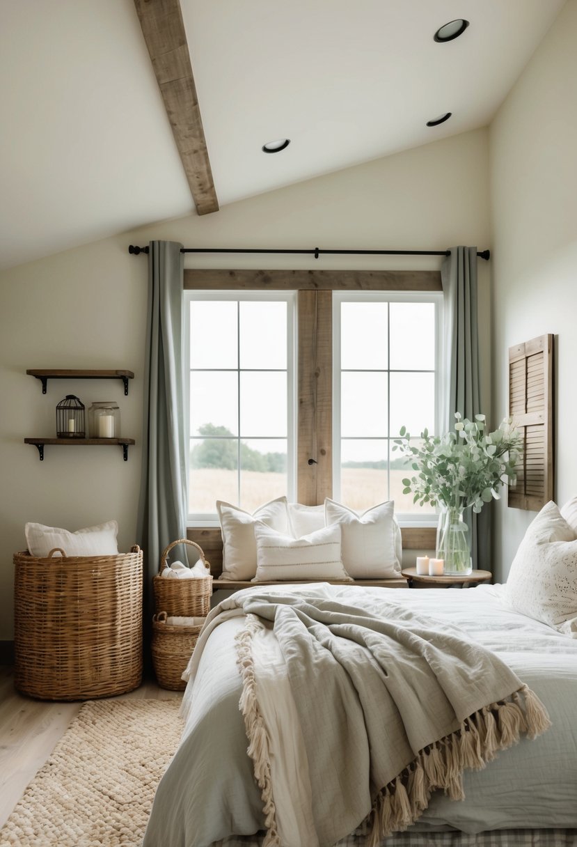 A cozy farmhouse guest bedroom with wicker storage baskets, soft linens, and rustic decor