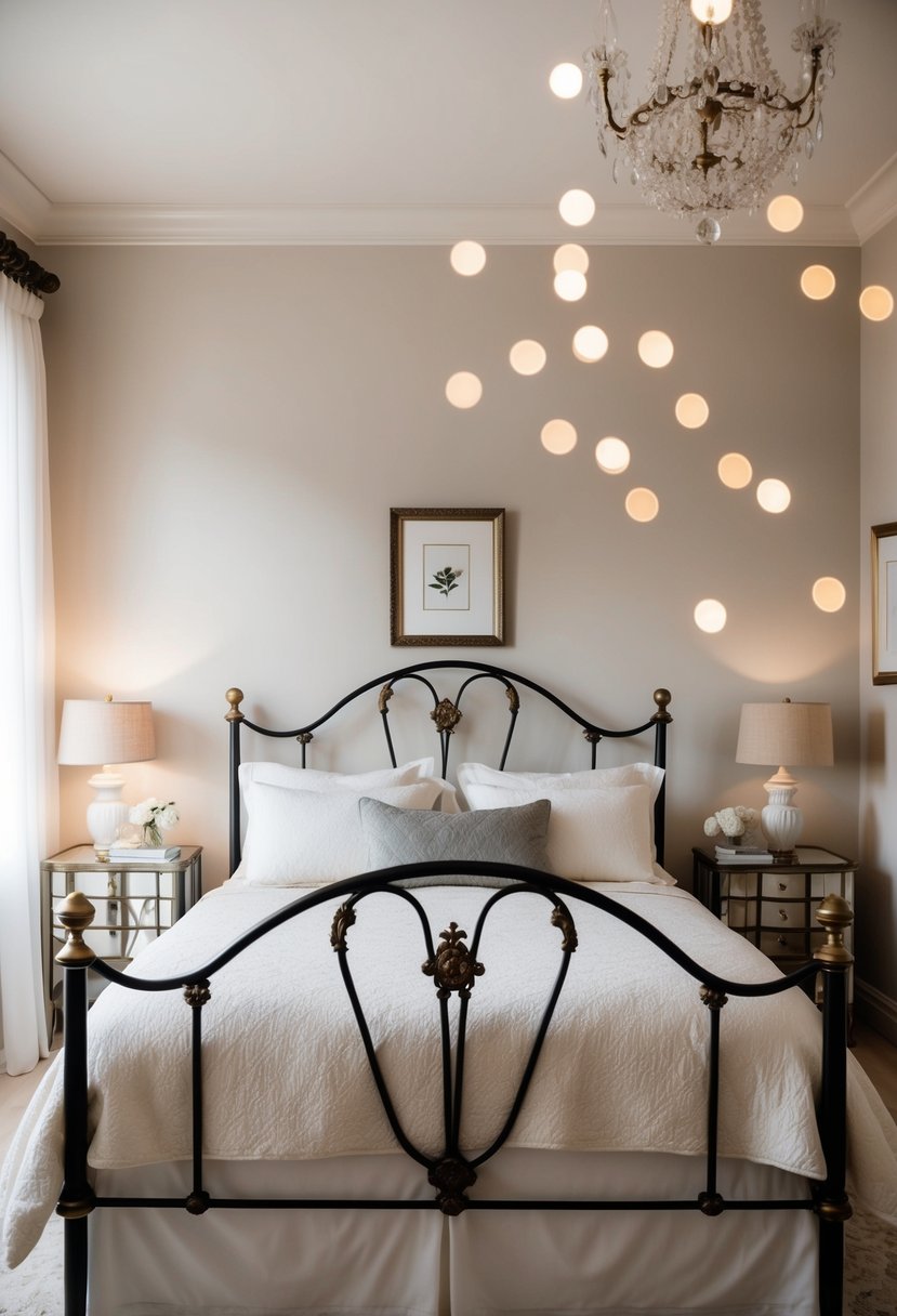 A cozy bedroom with a classic wrought iron bedframe as the focal point, surrounded by elegant decor and soft lighting