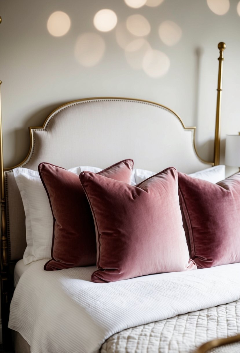 A cozy bed with velvet throw pillows in a classic bedroom setting