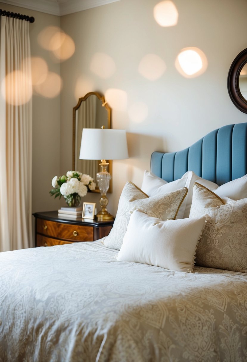A cozy bedroom with classic damask pattern bedding, soft lighting, and elegant decor
