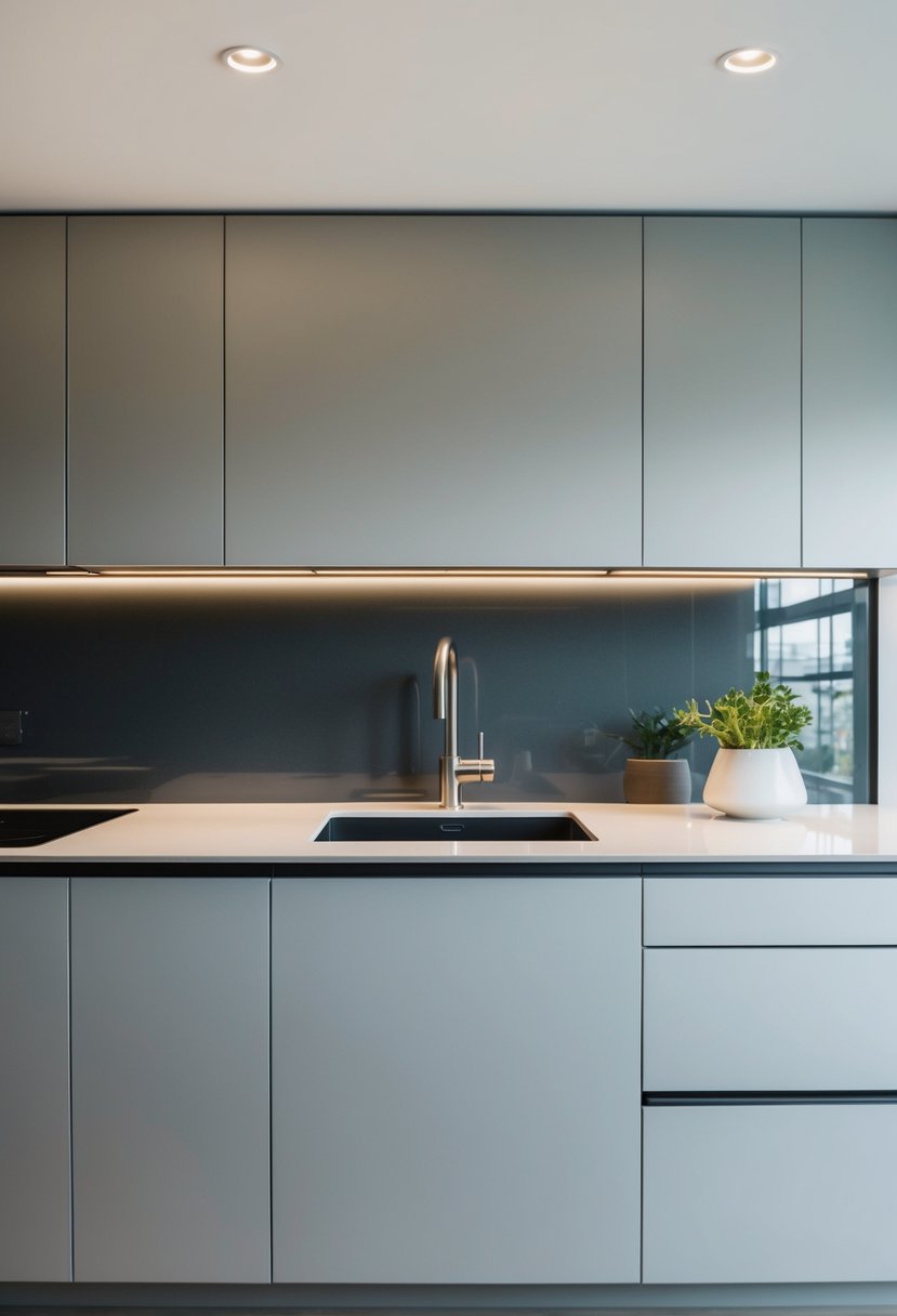 A sleek, modern kitchen with a beveled edge backsplash, clean lines, and minimalistic design