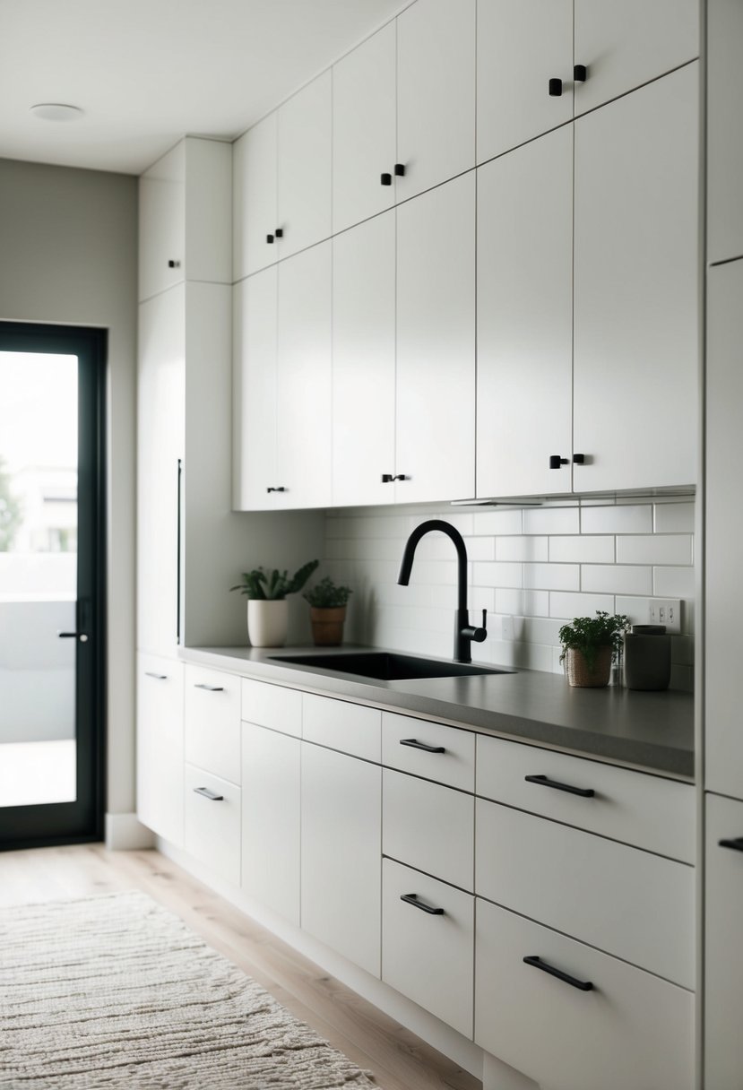 Clean, white cabinetry lines the walls of a modern kitchen. Simple, sleek design with minimalistic hardware and no visible clutter