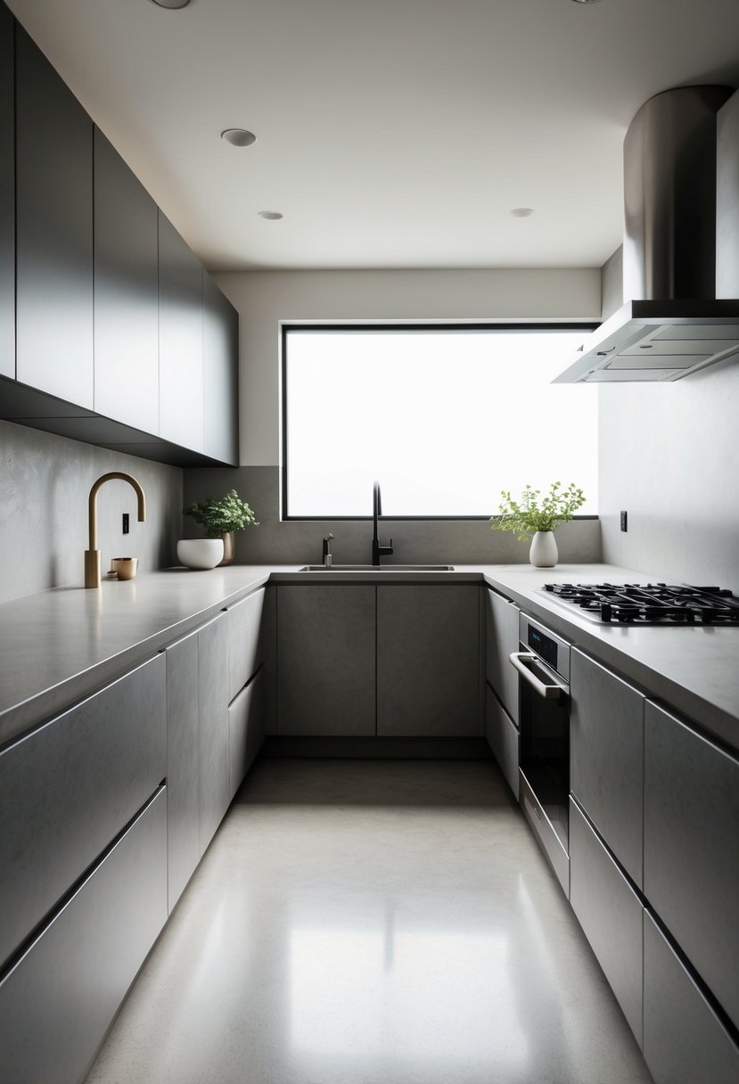 A sleek, modern kitchen with clean lines and minimalist concrete counter surfaces. Stainless steel appliances and simple, elegant decor complete the scene