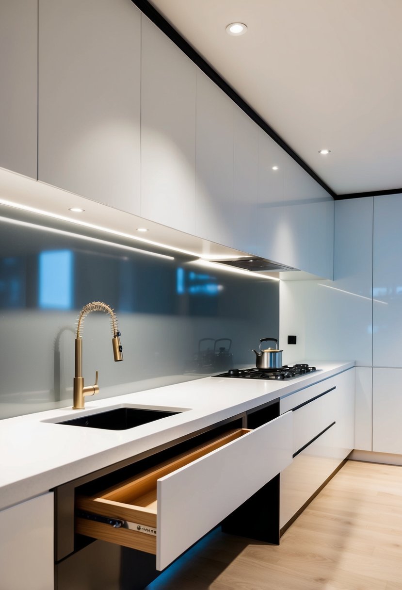 A sleek, modern kitchen with hidden drawer pulls, clean lines, and minimalist design
