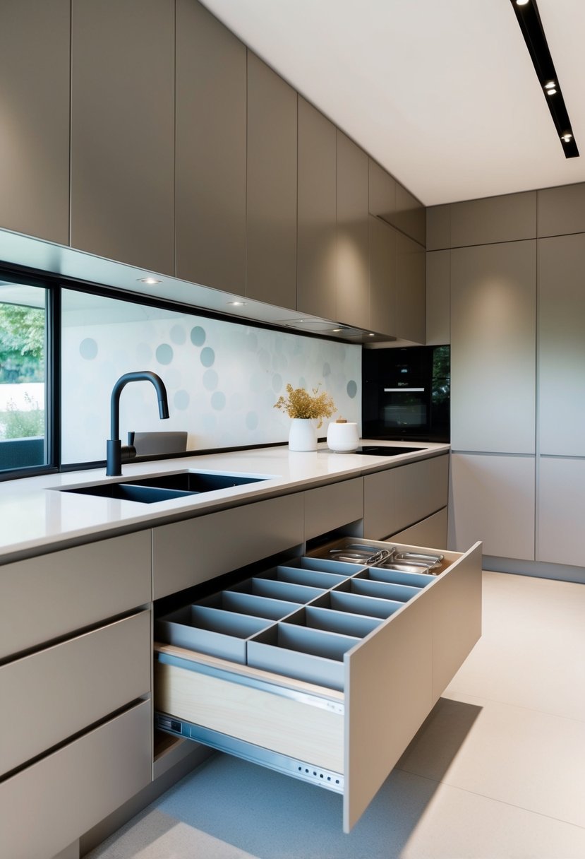 A sleek, modern kitchen with built-in drawer organizers. Clean lines, neutral colors, and minimal clutter