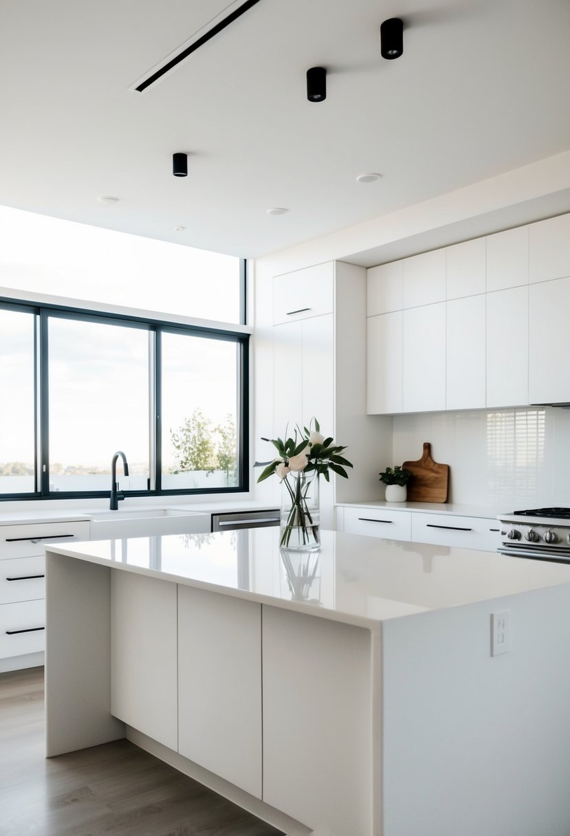 A sleek, modern kitchen with white quartz countertops, minimalist decor, and clean lines