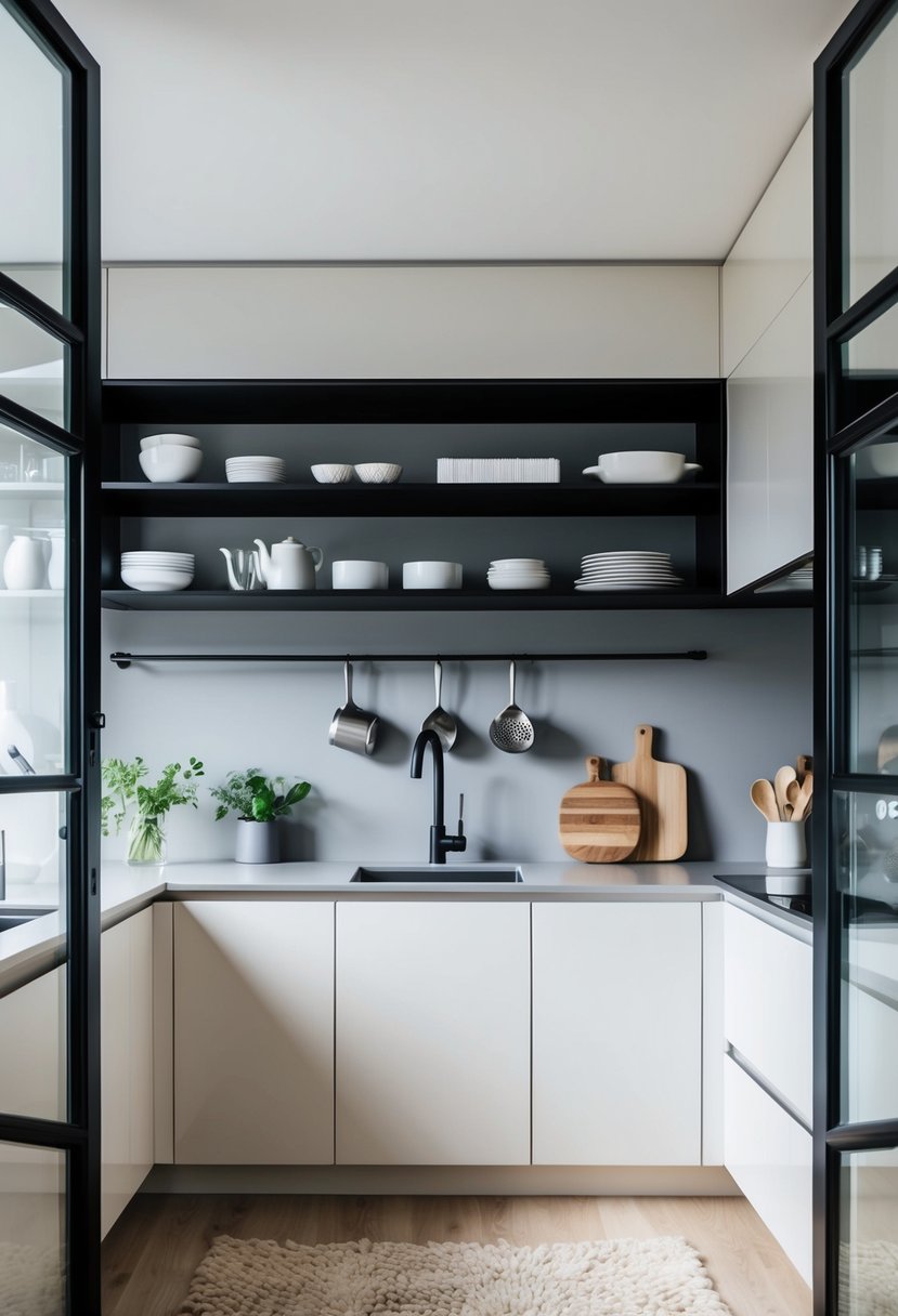 A sleek, modern kitchen with open shelving units displaying minimalist decor and neatly organized kitchenware