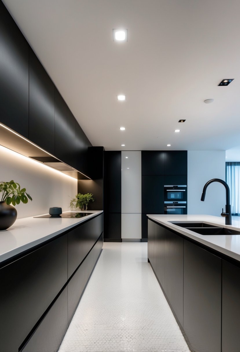 A modern, minimalist kitchen with recessed LED lighting illuminating sleek countertops and minimalist decor
