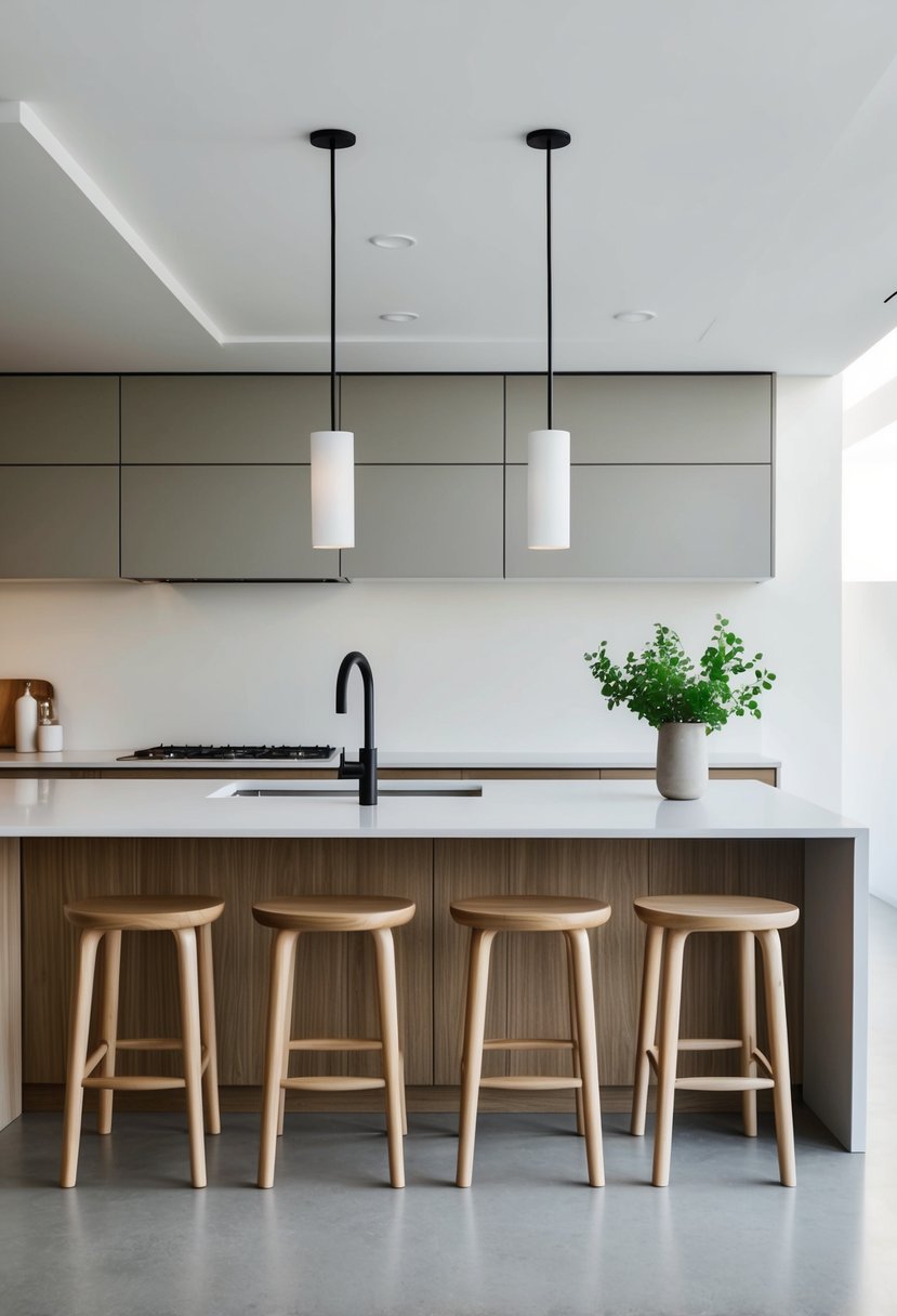 Four sleek, solid wood counter stools sit at a minimalist kitchen island. Clean lines and neutral colors create a modern, uncluttered space