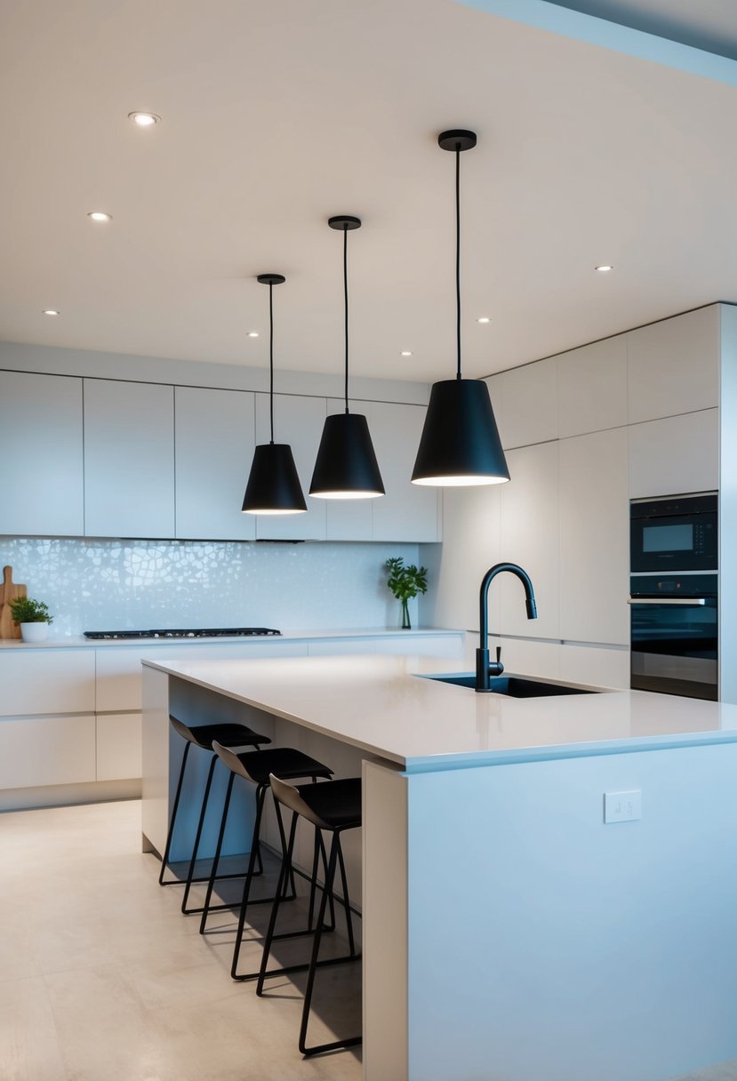 A sleek, modern kitchen with clean lines and minimalist design. Three understated pendant lights hang above a sleek island
