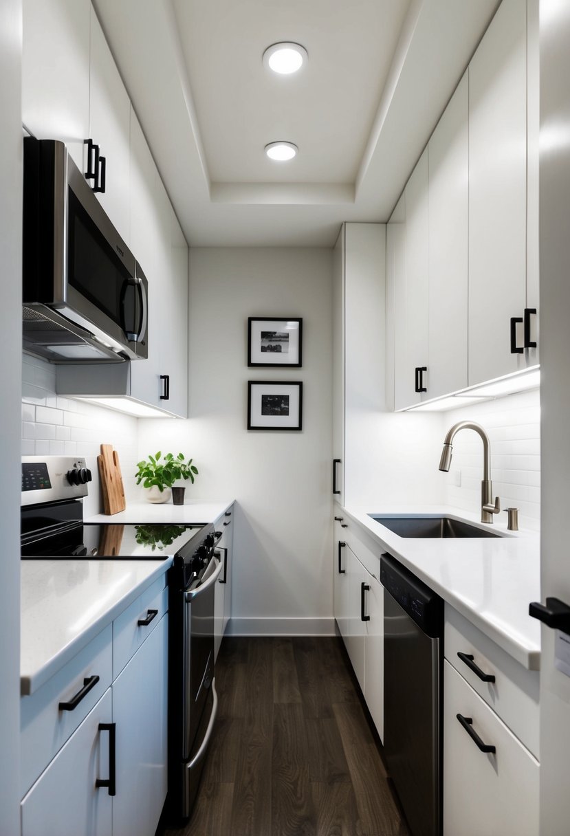 A small galley kitchen with clean lines, white cabinets, and minimal decor. Stainless steel appliances and a sleek, uncluttered design