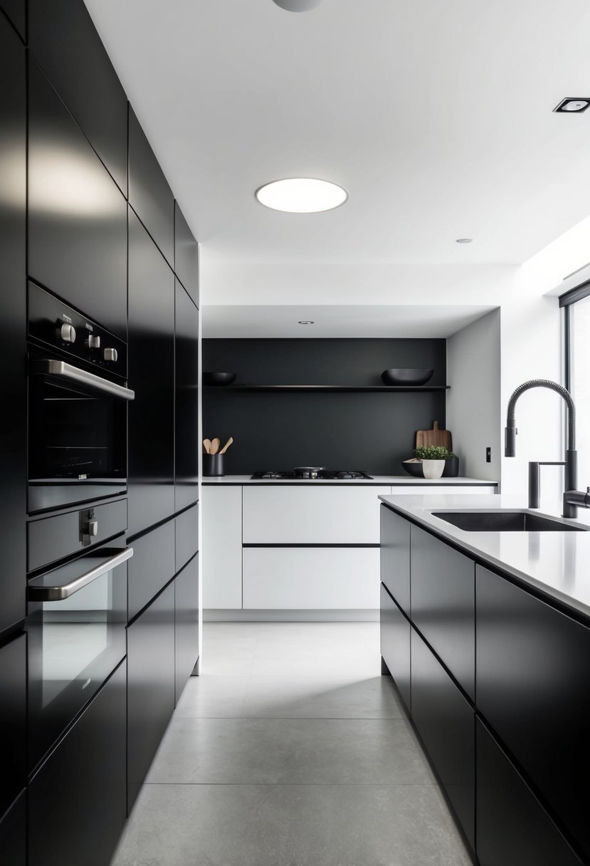 A sleek, monochrome kitchen with clean lines, minimalistic decor, and a muted color palette of blacks, whites, and grays