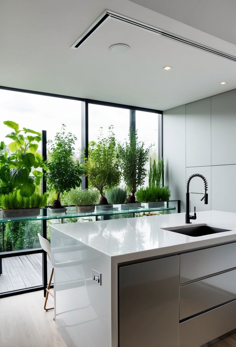 A sleek, modern kitchen with a custom herb garden bar, featuring minimalist design and clean lines