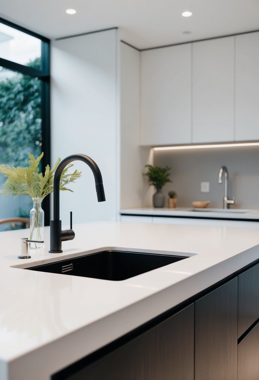 A sleek, modern kitchen with a single basin sink, clean lines, and minimalist decor