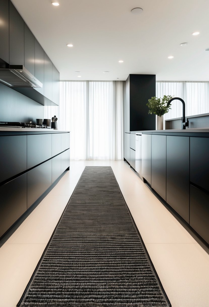 A sleek, modern kitchen with a long non-slip runner rug stretching across the floor. Clean lines and minimalist decor create a stylish and functional space