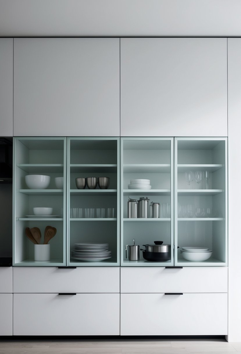 The minimalist kitchen features sleek, translucent cabinet doors, allowing a glimpse of neatly organized dishes and utensils behind them