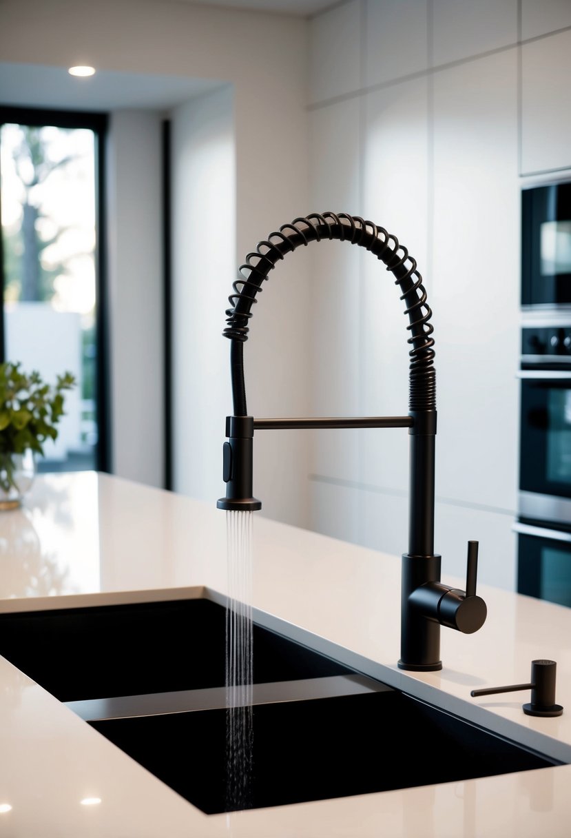 A sleek, modern kitchen with a minimalist design featuring a pull-down sprayer faucet as the focal point. Clean lines, neutral colors, and uncluttered countertops create a sense of simplicity and sophistication