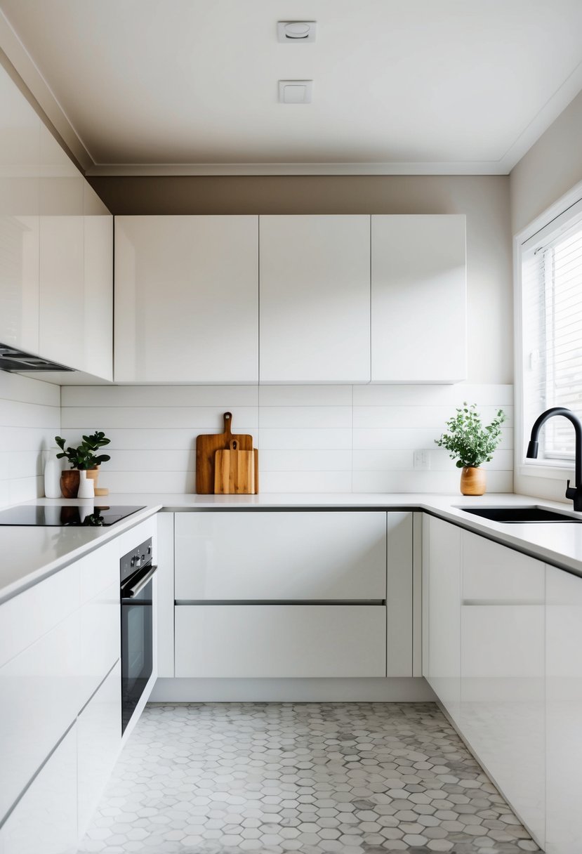 Clean, modern kitchen with sleek white ceramic tiles, minimal decor, and simple, functional layout