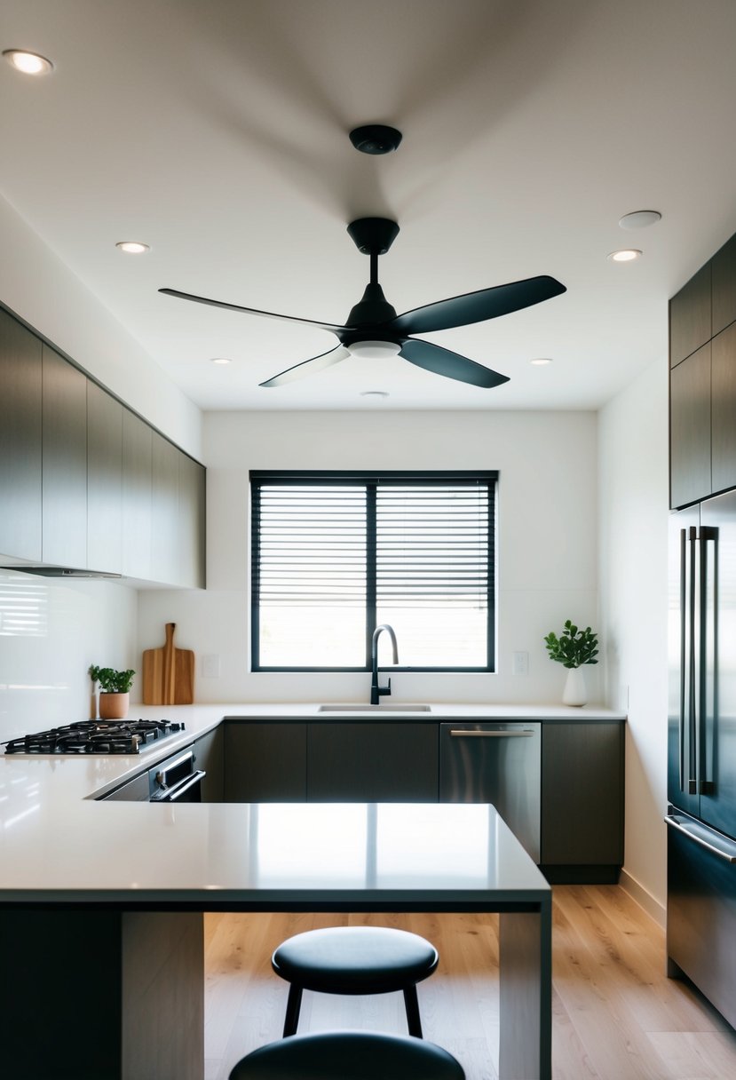 A sleek, modern kitchen with a low-profile ceiling fan, clean lines, and minimalist decor