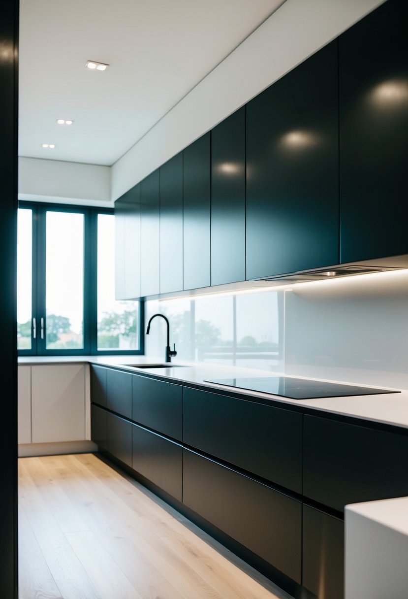 A sleek, modern kitchen with frameless cabinet doors, clean lines, and minimalist design