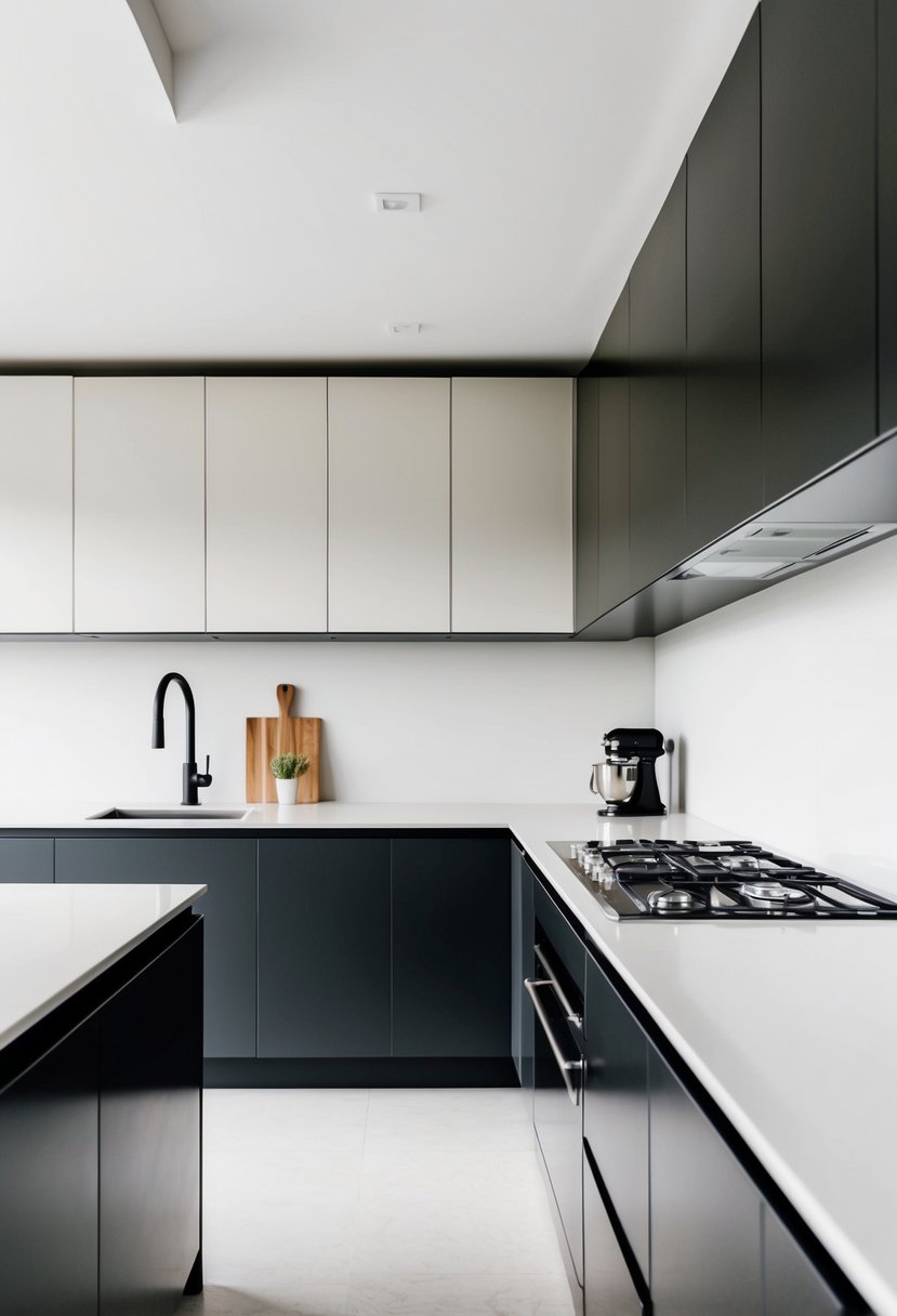 A sleek, modern kitchen with clean lines and minimalist cabinets in a non-handle style. Stainless steel appliances and a simple color palette complete the contemporary look