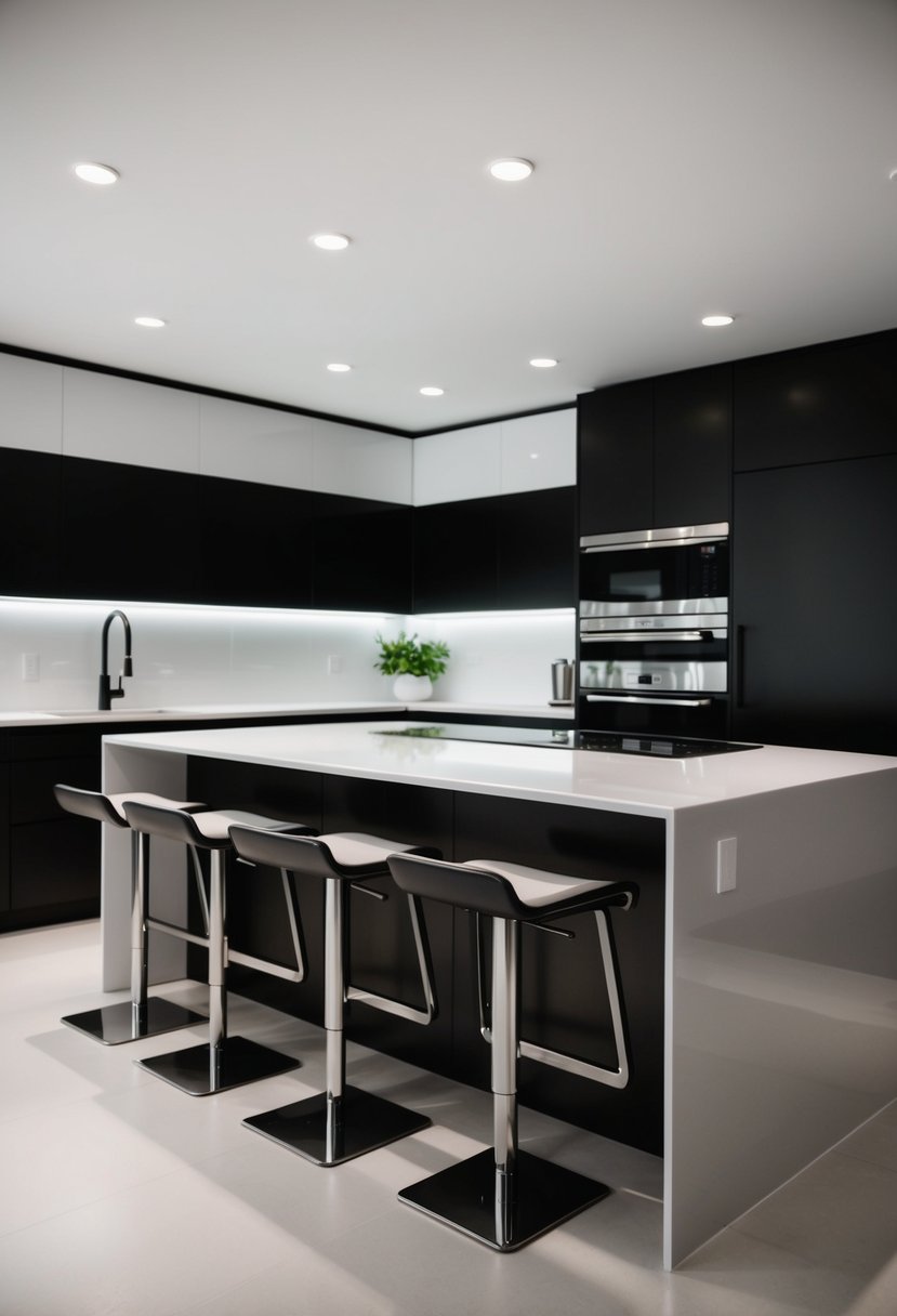 Sleek, modern kitchen with clean lines and minimalist decor. Counter-height stools line the island, creating a stylish and functional space