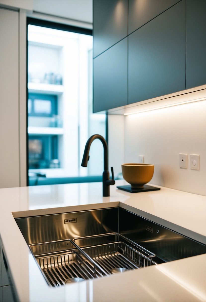 A sleek, modern kitchen with integrated dish drainers, clean lines, and minimal clutter