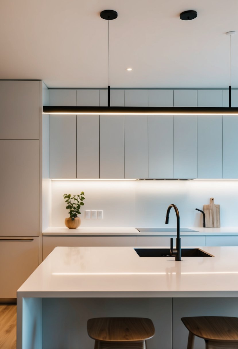 A sleek, modern kitchen with clean lines and simple task lighting above a minimalist workspace