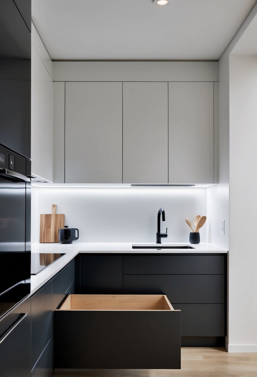 A sleek, modern kitchen with hidden toe kick drawers beneath the cabinets. Clean lines and minimalist design create a seamless and functional space